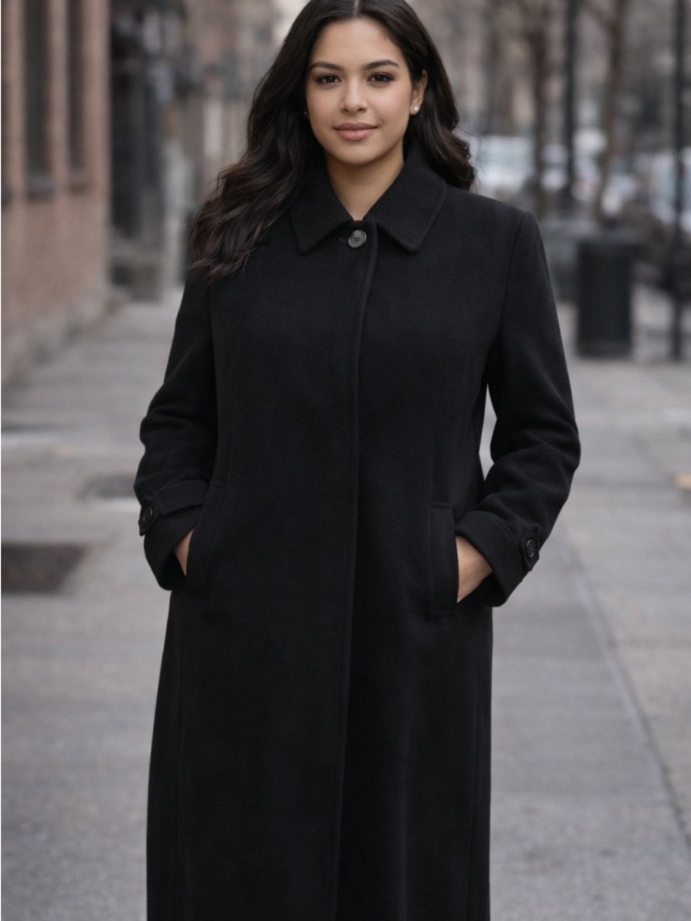 Italian 100% Cashmere Double Breasted Long Black Coat Women IT 42 M